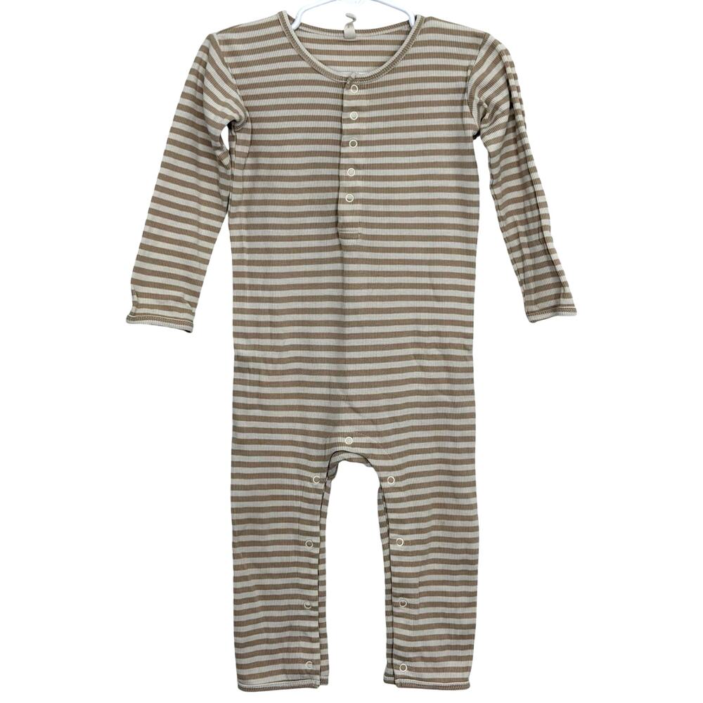 Quincy Mae Tan White Striped Jumpsuit Romper Size 18-24 Months Organic Cotton
